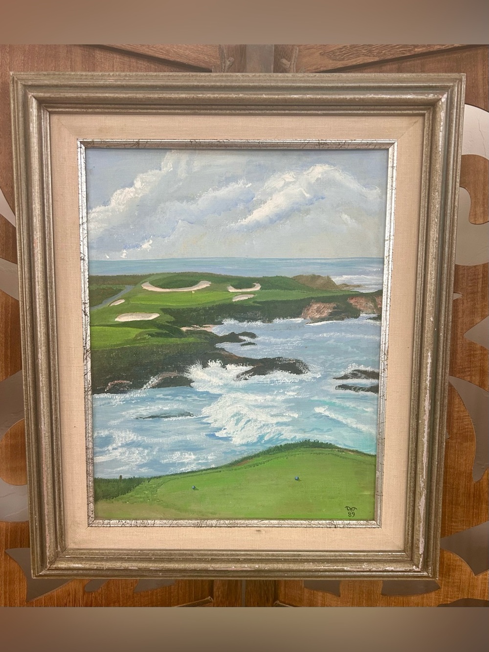 Vintage 1989 Donna Unini Pebble Beach Golf Framed Coastal Seascape Art 16x18